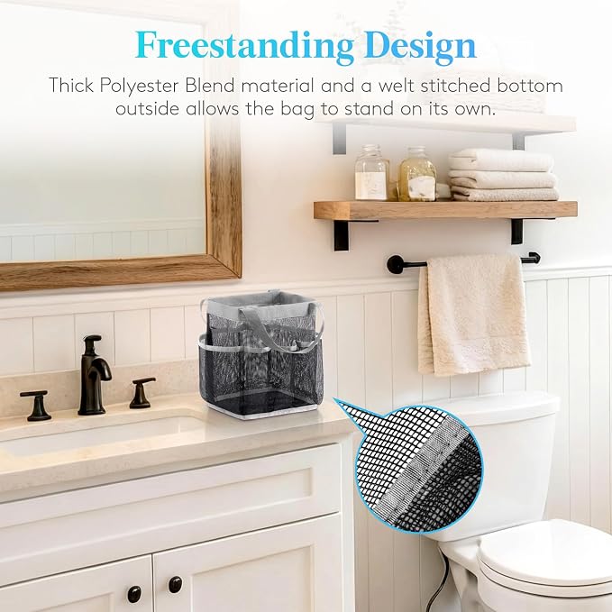 Lifewit Mesh Shower Caddy Portable for College Dorm Room Essentials with 7 Pockets, Freestanding Hanging Organizer Basket, Quick Dry Tote Bag for Camping, Bathroom, Beach, Travel, 1 Pack, Grey | 2 Handles, Freestanding, Quick Dry Tote Bag, 7 Pockets, f...