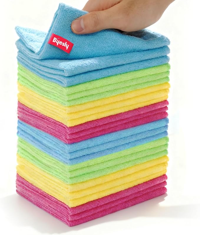 24-Pack Microfiber Cleaning Cloth, 11.5x11.5 Microfiber Towels for Cars, Dishes & House, For Detailers, Chefs & Efficient Home | Scratch-Free, Lint-Free, Ultra Absorbent(Green/Blue/Yellow/Pink)
