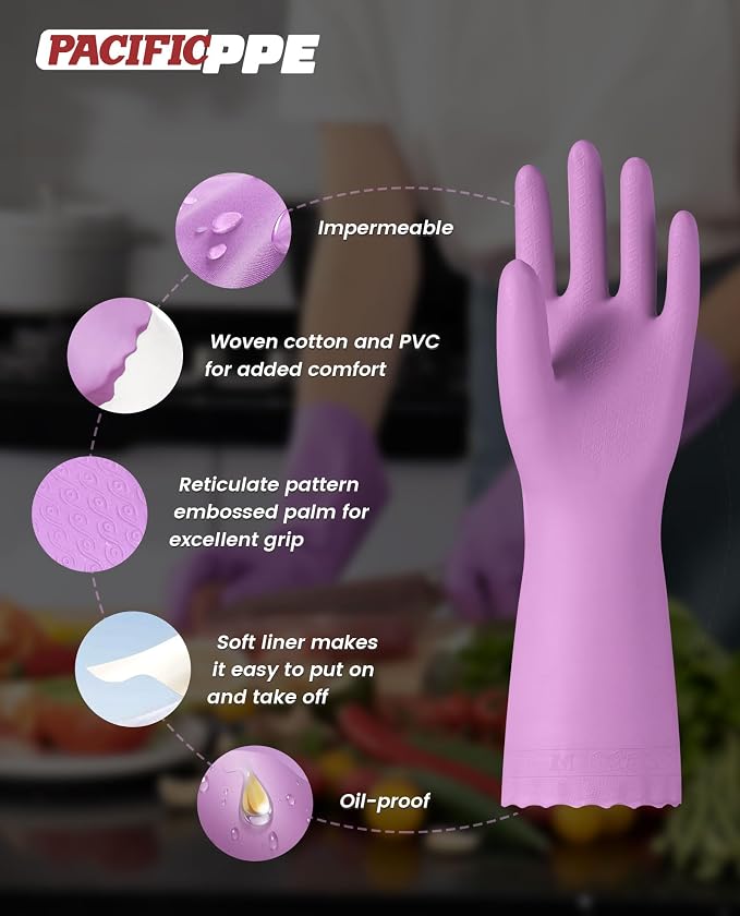 2 Pairs Cleaning Gloves, Cotton Liner, Purple+Blue, Large | Waterproof dishwashing gloves with non-slip grip, Latex-Free, flexible fit for kitchen, bathroom, laundry & cleaning