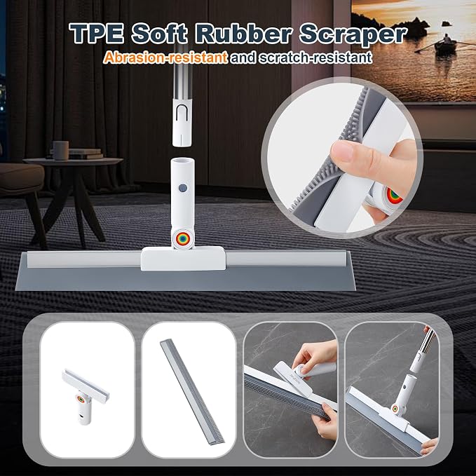 Rubber Squeegee Broom for Floor,Upgrade 62" Long Handle Window Squeegee, 2 Cleaning Cloths, Silicone Pet Hair Remover,Magic Broom Removes Water Spots, Stains, Grease, and Hair from Glass Surfaces.