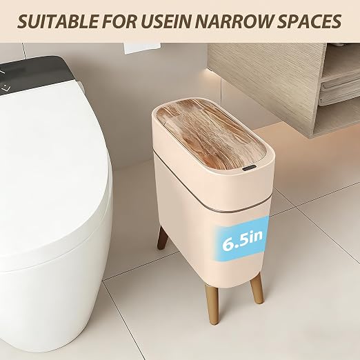 suyika Automatic Trash Can, 2.6 Gallon/10L, Wood Grain Lid and Legs | Bathroom Trash Can with Lid, Touchless, Waterproof Garbage Bin, For Bedroom, Bathroom, Office, Living Room