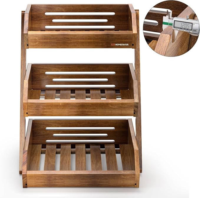 G.a HOMEFAVOR 3-Tier Acacia Wood Fruit Basket for Kitchen, Self-assembly | Large Fruit Bowl for Kitchen Countertop, Fruit Stand Storage Holder for Vegetables and Snack Home Organizer