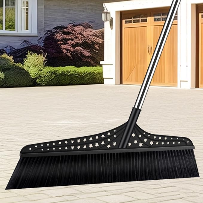 Heavy Duty Broom, Commercial Push Broom with Stainless Steel Handle, Outdoor Broom for Warehouses and Outdoor Areas(Black,50cm)