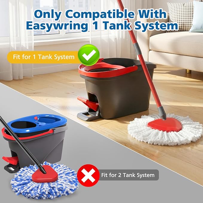 Spin Mop Replacement Head Spin Mop Refills for O Ceda EasyWring 1-Tank | 100% Microfiber Mop Cleaning Machine Washable Spin Mop Head for Easywring 1 Tank System, White, 4 Pack