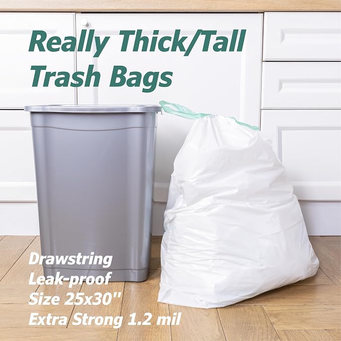 13 Gallon Tall Kitchen Drawstring Trash Bags - 1.2 Mil Extra Strong - Large Drawstring Garbage Bags - Large Plastic Bags - Individual, Unscented, White, 25" x 30", 40 Count