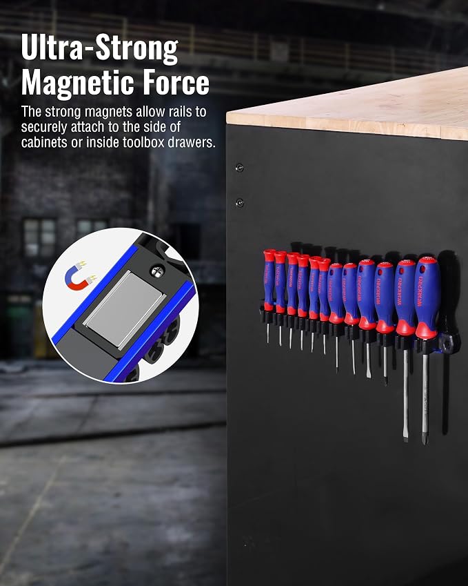 WORKPRO Magnetic Screwdriver and Wrench Organizer Set, 36-Slot Tool Holders | 3-Pack Aluminum Rails, Magnetic Force, Flexible High-Tension Tool Clips, For Tool Box Drawer & Wall-Mount Storage