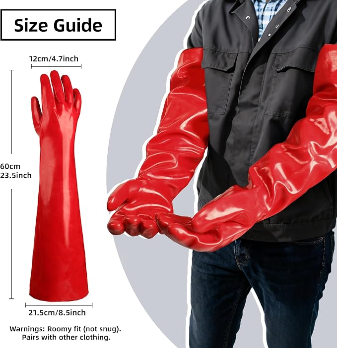 Schwer 23.5" PVC Chemical Resistant Gloves, Heavy Duty Waterproof Work Gloves Resist 212°F Boiling Water, Steam, Acid, Alkali & Oil, Long Glove for Cleaning, Dishwashing and Industrial Work, PR611