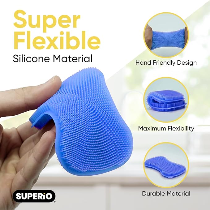 Silicone Heat Resistant Dishwasher Sponge, Fruit Cleaner, Vegetable Washer, Non Scratch Durable Bristles, Blue 3-Pack (6)