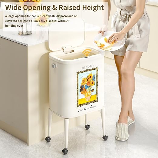 MRBIN Metal Motion Sensor Kitchen Trash Can with Wheel Legs, 36L / 9.5gal Slim Waste Basket with Lid, Pet Proof Tall Narrow Garbage Pail for Vanity, Bedroom, Bathroom, Living Room, Sunflower