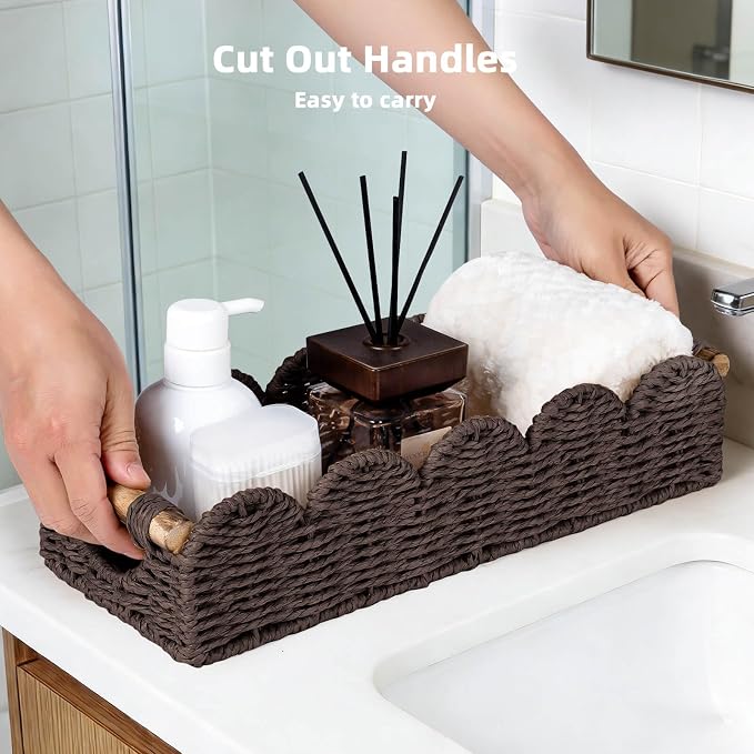 CubesLand Bathroom Basket Organizer, Toilet Decor Basket W/Cut Out Handle | Wicker Toilet Paper Storage Basket Tray, Scalloped Basket for Bathroom Countertop Decorative Also for Home Decor, Brown