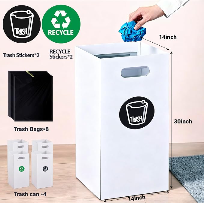4 Pack Disposable Trash Cans for Parties, 30 Gallon Extra Large Thick Recycled Corrugated Cardboard Trash Bin, Collapsible Garbage Cans with 8 Bags for Wedding, Birthday, Backyard Party Event