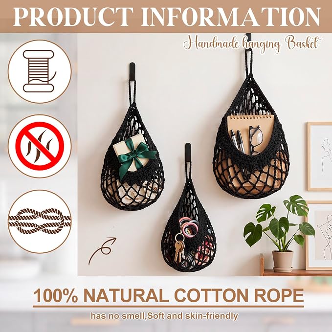 3 Hanging Baskets,Black,Crochet,Cotton Rope | Wicker Wall Baskets with Hooks for Fruit Vegetable Onion Storage, Teardrop Organizer for Kitchen, Boho Farmhouse Decor