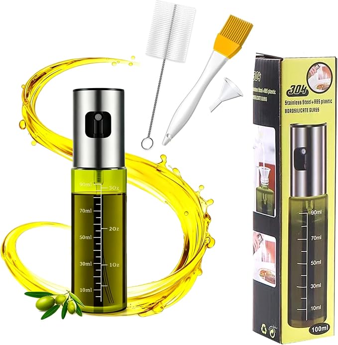 Oil Sprayer for Cooking - Olive & Avocado Oil Spray Bottle | 100ml Food Grade Glass Mister with Adjustable Nozzle for Kitchen Gadgets, Air Fryer, Salad, Frying, BBQ