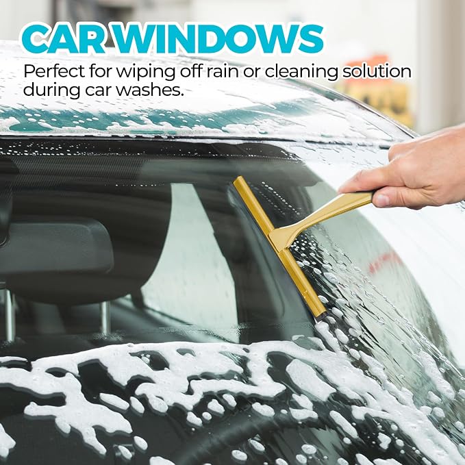 12" Shower Squeegee for Glass Doors, Tile Walls, Car Windows, Gold | Bathroom Accessories, New Home Essentials, Silicone Blade, Metal Handle, Adhesive Hook, Household Tool, Multipurpose Cleaner