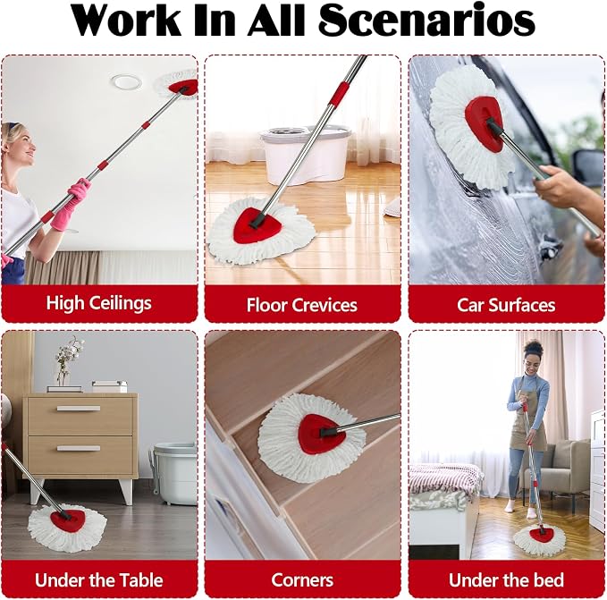 Spin Mop Replacement Set for O-Ceda EasyWring 1-Tank System, 16 Microfiber Spin Mops Refills,1 Scrubber Head,1 Triangle Spin Base,and(31-63in) Adjustable Handle Set Combo