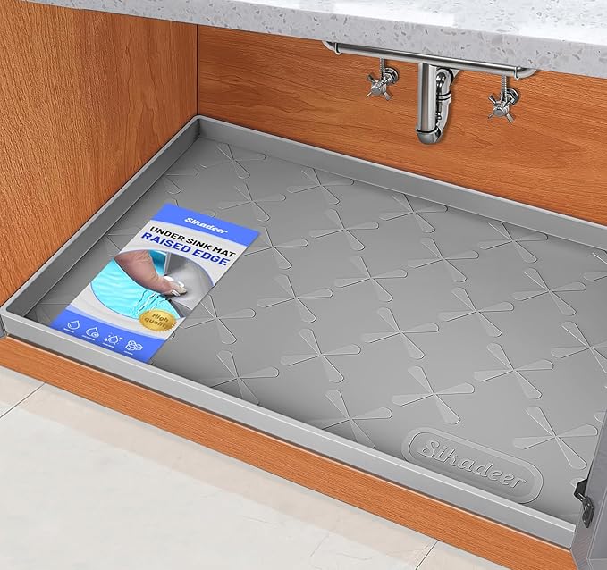 SIKADEER Waterproof Under Sink Mat Silicone 28" x 22" Kitchen Cabinet liner | BPA-Free Silicone Mat with Raised Lip Protects Cabinets from Leaks, Versatile Home Organizer for Bathroom, Pets, Boots, Floor