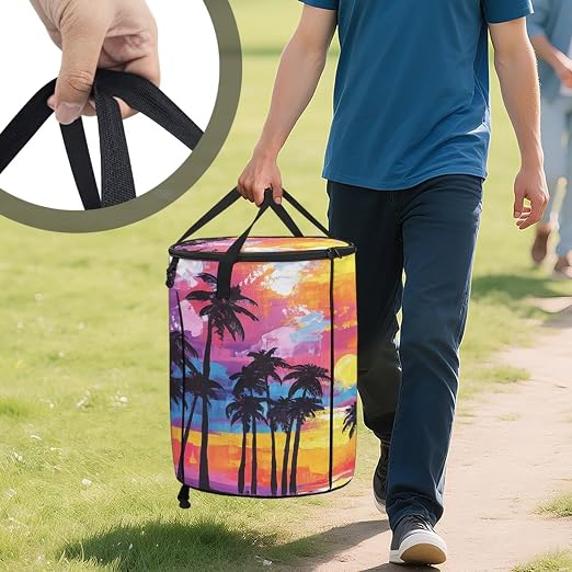 BIGCARJOB Hawaii Palm Collapsible Trash Can Portable Tall Trash Can Oval Recycling Bin 22.83x17.71 Outside Garbage Bin Storage Bag with Clip and Zipper Lid