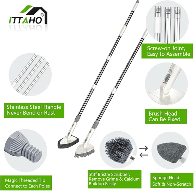 Tile Tub Scrubber Brush with 4 Cleaning Heads,59" Long Handle Stiff Bristles Scrub Brush with Extendable Pole, Rotatable Detachable Scrub Brush for Shower,Tile, Tub,Bathroom,Walls,Sink