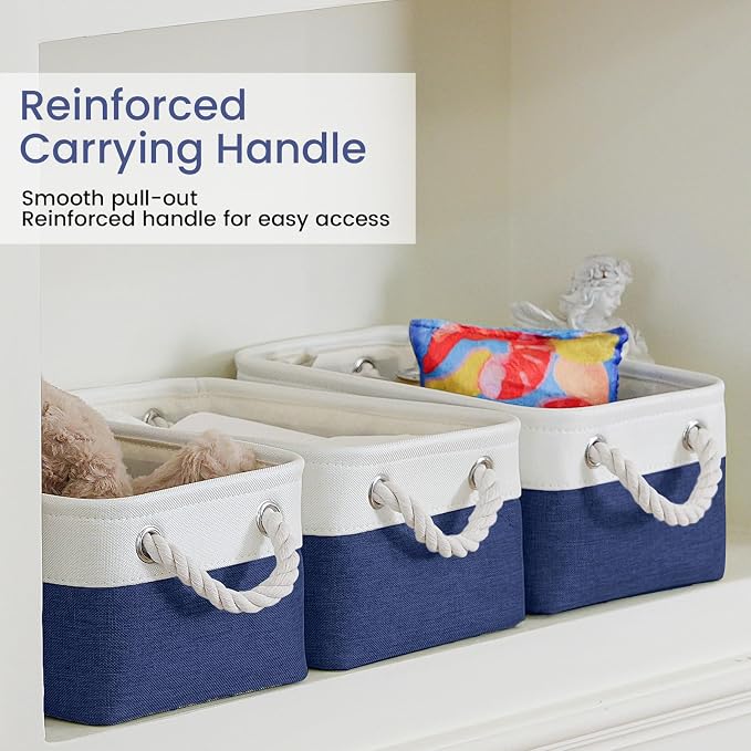 11.8x7.9x5.2 Inch Fabric Small Storage Bins with Handles 6 Pack | Foldable Storage Basket, Sturdy Metal Strand, Cardboard Support Molding, Small Baskets for Organizing, Shelves, White/Blue