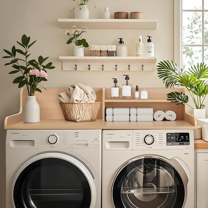 Washer Dryer Countertop 2 Tier 54 inches Wide, Laundry Shelf Topper with Edge, 54" W x 28" D x 12" H Laundry Space Organizer, Light Walnut