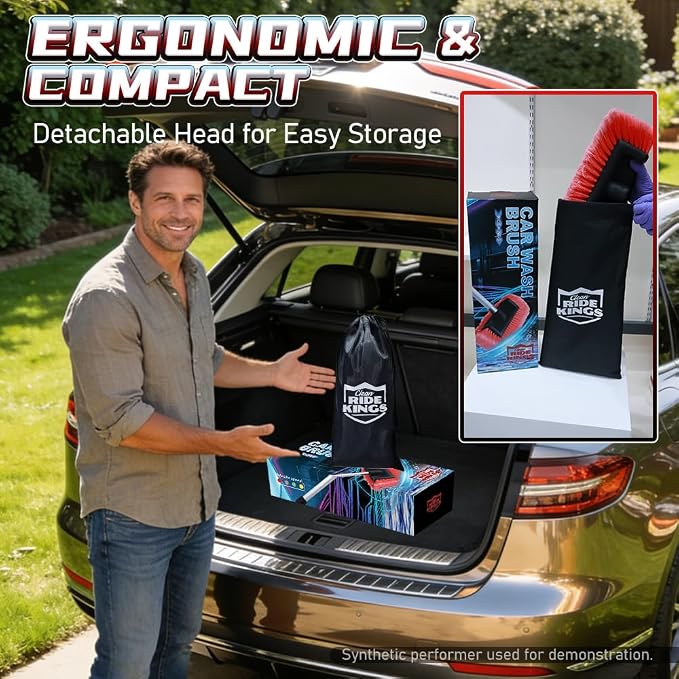 65" Flow-Thru Car Brush, Red | Hose attachment links to water. Soft bristles clean truck & RV roofs. 4-pc extendable aluminum pole & storage bag included.