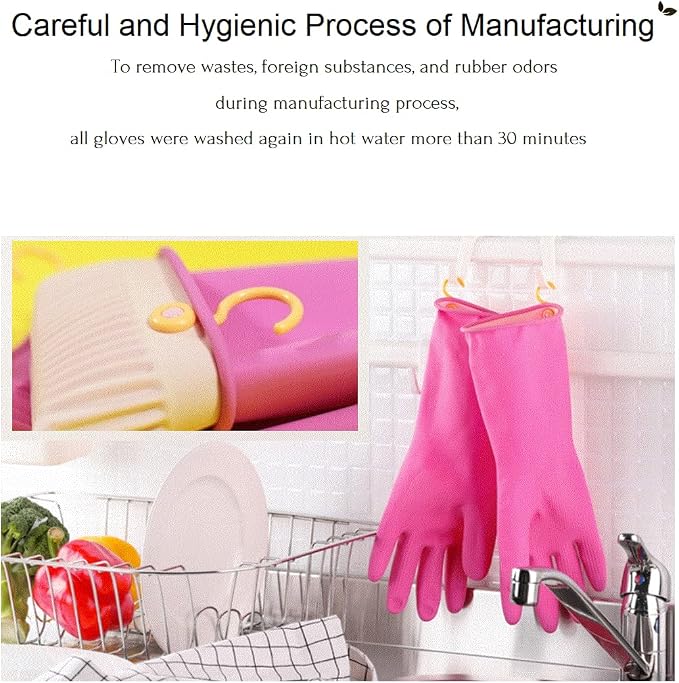 Myungjin Reusable Waterproof Household Dishwashing Non-Slip Cleaning Rubber Gloves with Hang-Dry Hook (1 Pair/Small)