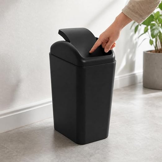 Slim Trash Can, 4.2 Gallon Black Swing Lid Garbage Bin | Space-Saving Narrow Design, Black Plastic, Swing-Top Cover Helps Contain Odors, for Bathroom, Bedroom, Office