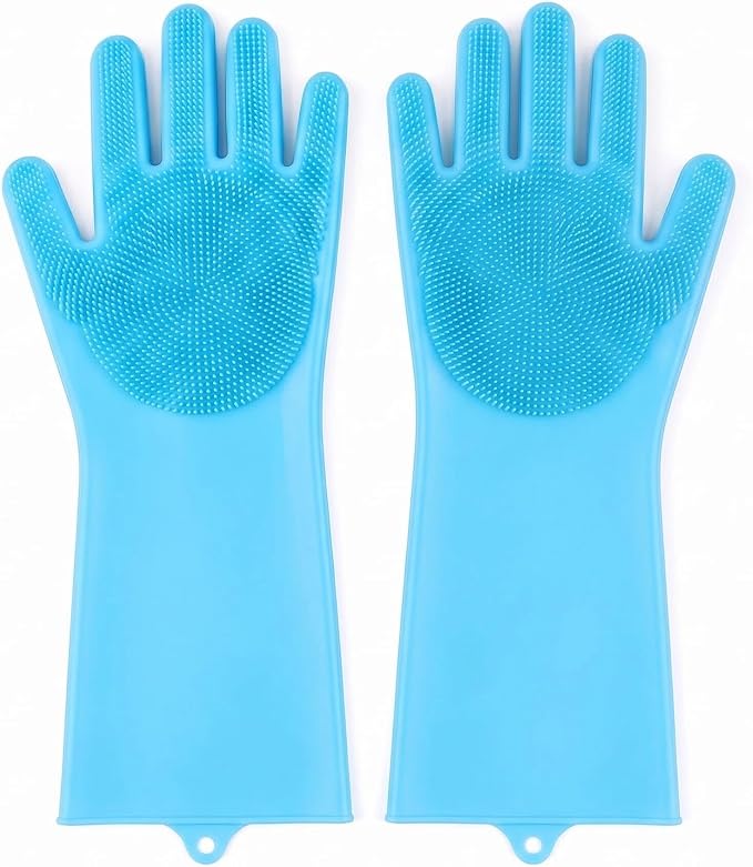 Silicone Dish Washing Gloves with Scrubber, High-Density Teeth For Scrub | Dog & Cat Grooming Mitts, Non-Slip, Safe For Dishes & Pets, Food-Grade, Easy Rinse & Hang, 12.2" × 6.3 - Blue