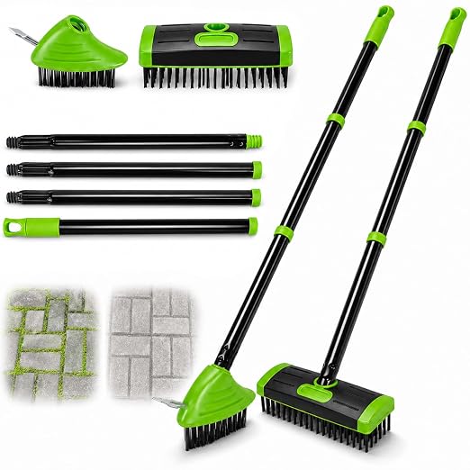 3-in-1 Versatile Weed Brush Combo Set, Long Handle Deck Scrubber (Green) | Metal Weeding Hook | Patio, Driveway & Concrete Crevice Cleaner | Removes Moss & Rust Stains | Outdoor Yard Tool