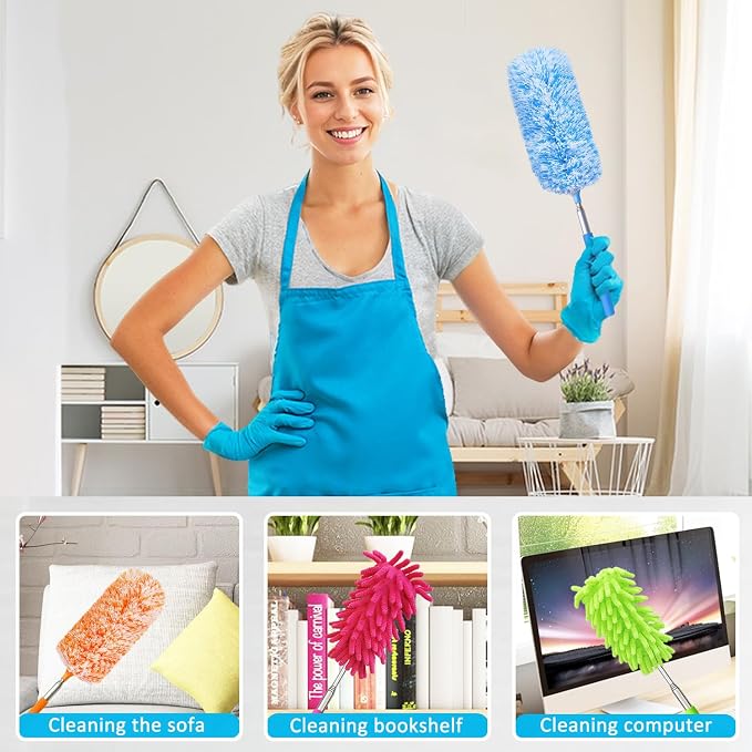 4 Pack Multi-Head Duster Kit, 13" to 30" Extendable Pole, Microfiber & Chenille Heads, Blue, Green, Orange, Multicolor, Washable, Bendable, For Furniture & Wall