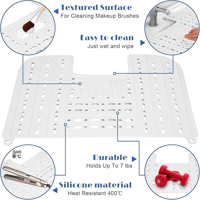 Bathroom Sink Cover for Counter Space, Heat-Resistant Silicone Sink Cover for Makeup Foldable Makeup Mat with Hanging Loop, Space Saver Sink Organizer Mat for Bathroom, 22 * 17" White