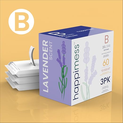 happimess 20-Count Lavender Scented 5.3 Gal Trash Bags, White, Pack of 6 | Kitchen Can Liners, Drawstring, Heavy Duty MDPE Plastic, Tear-Resistant, Recyclable, Custom Fit, Odor Control