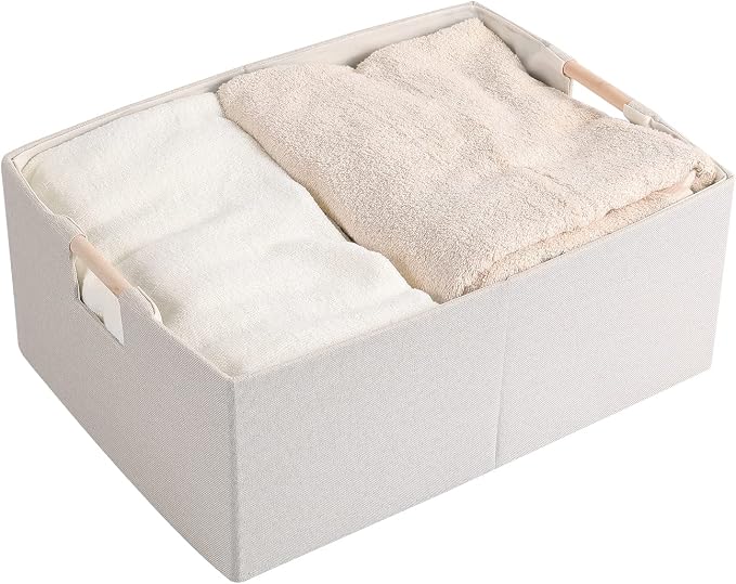Fabric Storage Box, 13x9in Foldable Cotton Linen Basket with Wooden Handle | Small Rectangular Cube Decorative Home Laundry Organizer Clothes Blanket Container Organizing Clothes Sheets Jeans, Beige