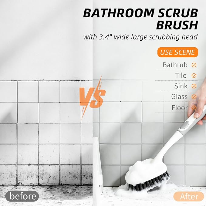 3 Pack Shower Cleaning Brush Set with Grout Cleaning Brush and Squeegee | Stiff Bristles, Ergonomic Handle, Heavy Duty Scrub Brush for Cleaning Bathroom, Shower, Bathtub, Floor, Grout, Tile, Sink