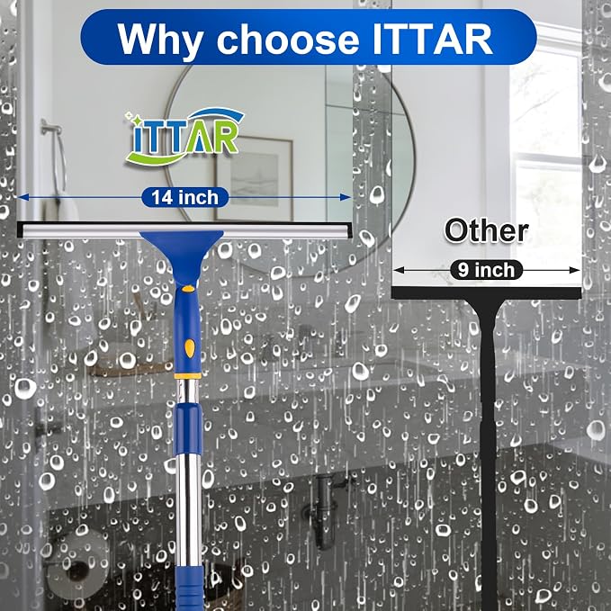 14 inch Rotatable Shower Squeegee for Glass Doors, Multi-Purpose Window Squeegee with Refill Rubber Blade, Bathroom Cleaner Tool for Shower Door Window Mirror Wall Car Windshield