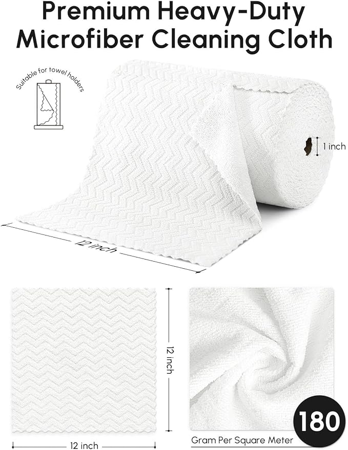 Microfiber Cleaning Cloths Roll 75 Pack 12x12 Inch Lint Free | Tear away design, lint free, washable, scratch free, ultra absorbent, for dish rags and household cleaning, White color