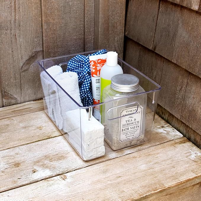 Isaac Jacobs 3-Pack Medium Clear Storage Bins with Handles | Plastic Organizer for Home, Room, Office, Fridge, Kitchen/Pantry Non-Slip Container Set, Food Safe, BPA Free (3-Pack, Medium)