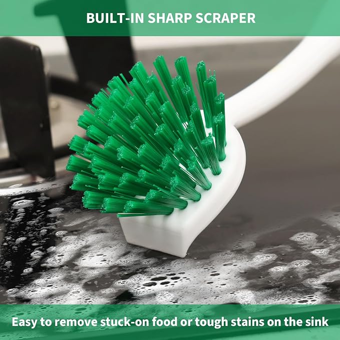 Dish Brush with Handle, 2 Pack Scrub Brushes, Green | Built-in Scraper, For Cleaning Kitchen, Pots, Pans and Sink, Scrubber Washing Tools