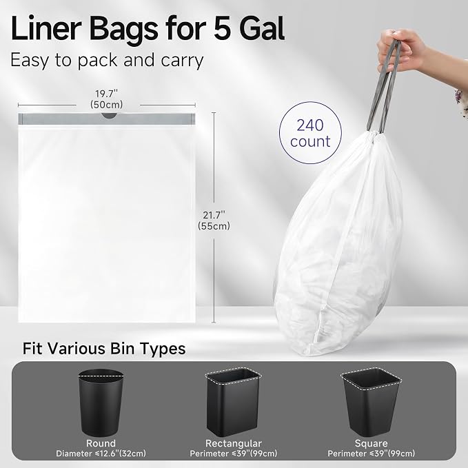 TIPGO 5 Gallon Trash Bags Drawstring, Pre-Cut Strong Wastebasket Bin Liners, White Garbage Bags for Home, Office, Bathroom (Code E, 240 Count)