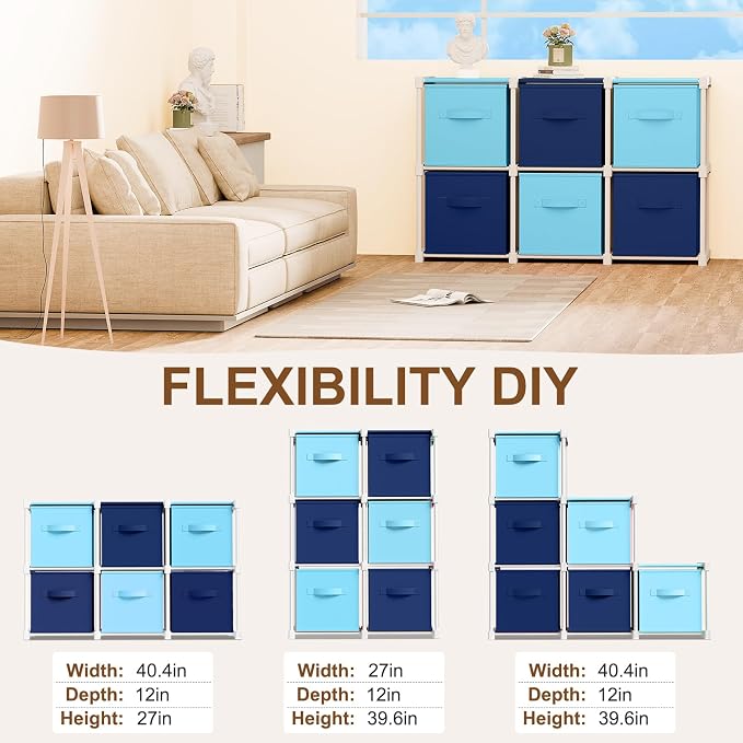 Briwooody 6 Cube Storage Organizer Bins with Shelf, Dark Blue,Light Blue | 11x11'', Storage Organizer, Toy Storage Box, Back to School, Dorm Organizer, Fabric Drawers, Playroom Bedroom Storage Cabinet