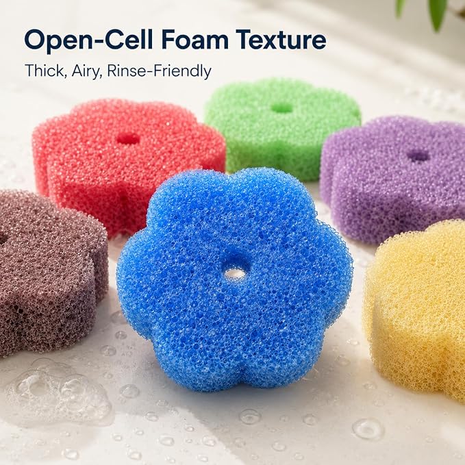 Scrub Flower Temperature-Sensitive Non-Scratch Dish Sponges, 6 Count | Firm in cold water for tough messes, soft in warm water for gentle cleaning; odor-resistant colors separate kitchen tasks.