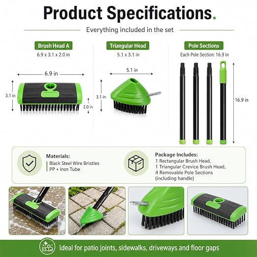 3-in-1 Versatile Weed Brush Combo Set, Long Handle Deck Scrubber (Green) | Metal Weeding Hook | Patio, Driveway & Concrete Crevice Cleaner | Removes Moss & Rust Stains | Outdoor Yard Tool