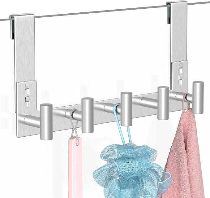 PMMASTO 7.5 Inch Hanger for 3/8 Inch Glass, Silver- 5 Hooks, T Shape | Stainless Steel Hooks Organize Towels And Robes on Frameless Glass Shower Doors in Bathrooms