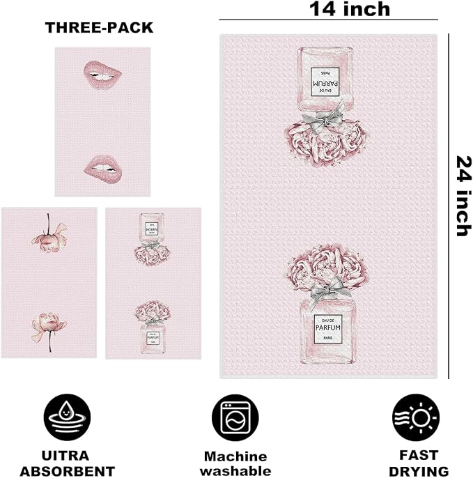 3 Pcs Pink Hand Towels, Perfume Flower Decor Reusable Dish Towels | Fashion Gifts for Women Mom Girls Friend, Waffle Weave Microfiber Towels for Bathroom Home Decor 24x14 Inch