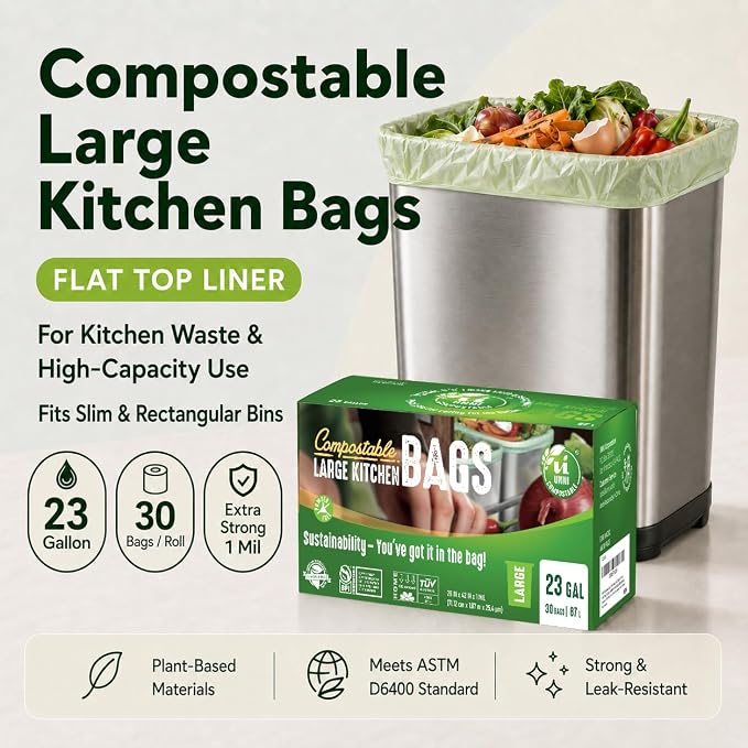 UNNI 20-23 Gallon Compostable Bags, 30 Count, 87 Liter, Extra Thick 1.0 Mil | Large Compost Bags for Commercial Kitchens & Food-Service Scrap Bins, BPI, CMA & OK compost HOME Certified, Meets ASTM D6400