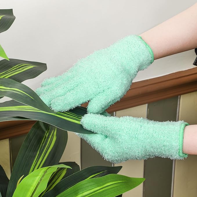 Patelai 3 Pairs Microfiber Dusting Gloves for Plants Leaf, Medium | Green Yellow, Blue, Pink,Plant Cleaning Gloves, Reusable Washable Gloves,House Furniture Blinds Dusting