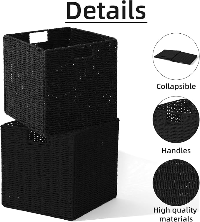 Set of 2 Hand-Woven Paper Rope Wicker Baskets,12x12x12in Storage Basket, Foldable Cube Storage Bins, Black Storage Cubes, Square Baskets for Organizing Shelves Decor