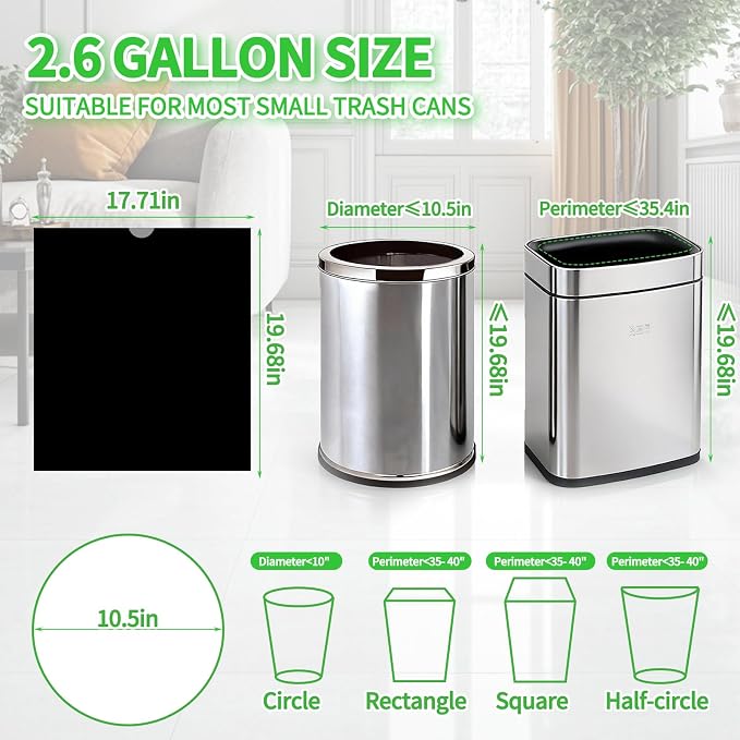100 Count Small Drawstring Trash Bags for 2.6-Gallon (10 L) Trash Cans, Thick Pre-separated Garbage Bags,Mini Wastebasket can Liners for Bathroom Bedroom Office(Black)