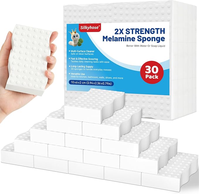 Silkyhose 30 Pack Melamine Sponge, 2X Density Magic Cleaning Eraser | Wave Ergonomic & Long-Lasting. Multi-Purpose Cleaner for Kitchen, Bathroom, Walls, Oven & Shoes.