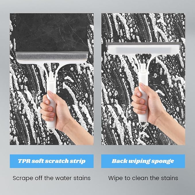 3 in 1 Window Cleaning Scraper with 2 Replaceable Cleaning Cotton Strips, 3 in 1 Spray Squeegee for Home Glass Doors Car Windows Glass, All-Purpose Window Cleaner Tool(1pc White & 1pc Blue)